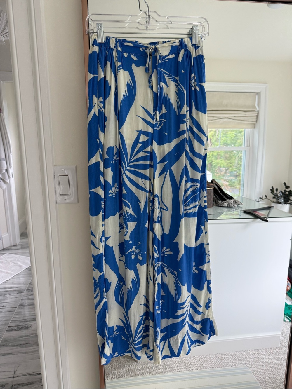 Olivaceous Blue and White Tropical Drawstring Pants